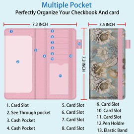 BVYA Checkbook Cover for Men & Women with RFID Blocking, Premium Printed Leather Checkbook Holder Slim Wallets with Pen Holder & Built-in Clear Plastic Divider for Duplicate Checks