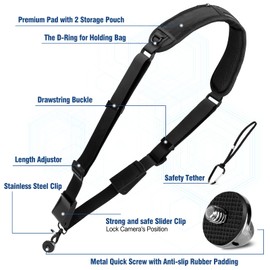 KTUEOV Camera Strap, Camera Strap, Quick Release, Adjustable Camera Carrying Strap, Nylon with 1/4 Inch Screws and Hanging Pockets, Camera Shoulder Strap Wide for DSLR SLR Black