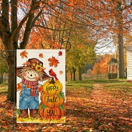 Heyfibro Happy Fall Y'all Pumpkins Garden Flag 12x18 Inch Double Sided Burlap, Autumn Scarecrow Cardinal Yard Flags for Thanksgiving Rustic Seasonal Outside Outdoor Decoration (ONLY FLAG)