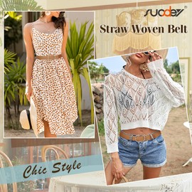 SUOSDEY Women Straw Woven Belt, Boho Elastic Braided Belt for Dresses Pants Jeans Stretch Waist Belt brown