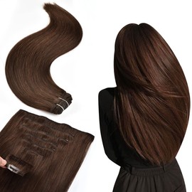 Clip in Hair Extensions Real Human Hair Dark Brown #2 Remy 16 Inch 70g Natural Straight for Women