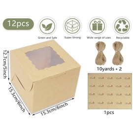 PQZKLDP 12 Pack Mini Cake Boxes, Brown 6 Inch Cake Box with Window, Dessert & Pastry Boxes