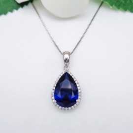 Hiqmic 925 Sterling Silver Droplet Pear shaped 5.5ct Ruby Emerald Sapphire Amethyst Zirconia Pendant Necklace White Gold Plated Fashion Jewellery Gift 18", WA92039 Royal Blue