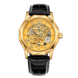 FORSINING Mens Automatic Mechanical Dodecagon Skeleton Roman Numerals Genuine Leather Band Tourbillon Watch Silver Black Classic