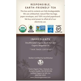 Choice Organics - Organic Decaffeinated Earl Grey Tea (1 Pack) - With Bergamot - Fair Trade - Compostable - 16 Organic Black Tea Bags