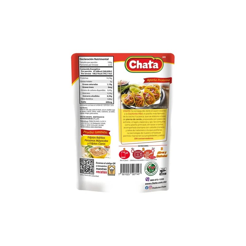 Cochinita Pibil Chata de 215g | 100% carne De Cerdo