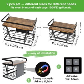 2 Pack Magnetic Trash Bag Holder, Wood Top with Metal Edge(Anti-Fall), Magnetic&Adhesive Mount Garbage Bag Dispenser Organizer for Fridge, Washer&Dryer, Under Sink, Pantry, No Drill, Black
