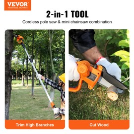 VEVOR 2-in-1 Cordless Pole Saw & Mini Chainsaw, 5-inch Chainsaw with 20V 4Ah Battery,14-Foot MAX Reach Pole Saws for Tree Trimming,Wood Cutting Garden (Battery and Blade Cover Included)