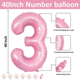Number 30 Balloons Pink, 40 Inch Large Digital Helium Foil Mylar Birthday Balloons with 6Pcs Pink Confetti Balloons for 30th Men Women Birthday Anniversary Party Decorations