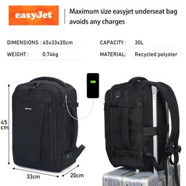 ECOHUB Easyjet Cabin Bag 45x36x20 Underseat Bag Travel Backpack 13 Pocket Hand Luggage Bag Waterproof Recycled PET Eco Friendly Carry On Bag for Women & Men 30L Cabin Rucksack Black