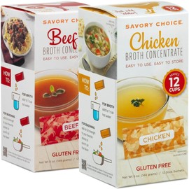 SAVORY CHOICE Beef and Chicken Broth Concentrate, 2 Boxes of 12 Packets/Flavour (12g) - Gluten-Free, Diary-Free Broth Concentrate