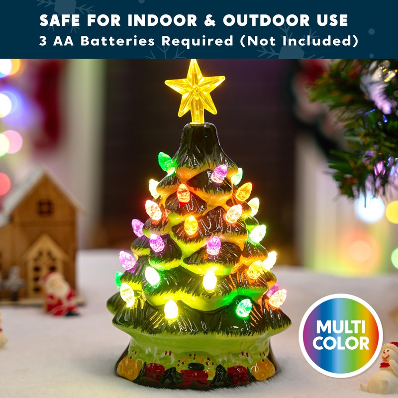Joiedomi 7" Ceramic Christmas Tree with Green Base, Prelit Xmas