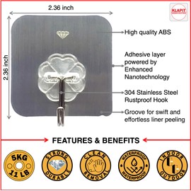 KLAPiT Super Hook - Heavy-Duty Adhesive Wall Hooks, Holds Up to 11 lbs, Waterproof, No Damage, Easy Install on Tile, Wood, Stone, Glass & Metal - Made of Steel (Silver, 8pc)