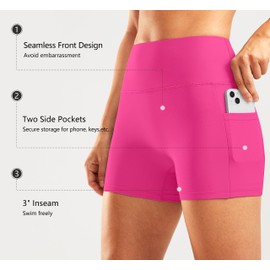 Pudolla Womens Swim Shorts High Waisted Bathing Bottom Shorts Tummy Control Board Swimsuit with Pockets(Rosy X-Large)