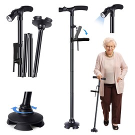 Bastón Plegable Ajustable, Bastones para Mayores y Adultos de 2 Mangos con Luz LED, 5 Alturas Ajustables y Punta Pivotante, Baston Retractil para Caminar, para el Viejo Hombre y Mujeres（Negro）
