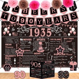 90th Birthday Decorations for Women,16PCS Back in 1935 Party Banner Decorations,Including Vintage 1935 Backdrop,Cheers to 90 Years Banner,7 Hanging Swirl,1935 Poster Anniversary Card,6 Paper Poms