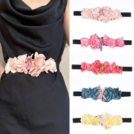 YOU&M Women's Luxury Flower Thin Stretch Waist Belts Handmade Skinny Elastic Corset for Belts Dress Wedding Elegant Sweet (Rose Red)