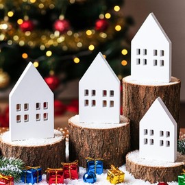 4pcs Wooden Houses for Crafts Home Sign,Tiered Tray Table Centerpiece Christmas Decorations, Farmhouse White Small Wooden Houses Sign for Coffee Table,Living Room Home Kitchen Decor