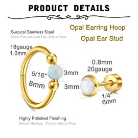 MODRSA 18g 20g Opal Earrings for Women Opal Flat Back Earrings Studs Gold Opal Cartilage Hoop Earring Cartilage Piercings Helix Hoop Earring Tragus Earring Hoop White Opal Daith Earring Hoop 8mm