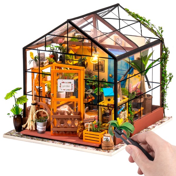ROWOOD Doll House Kit Greenhouse, DIY Miniature Room with LED light, Wooden Model Building Kit for Adults, Cathy's Flower House