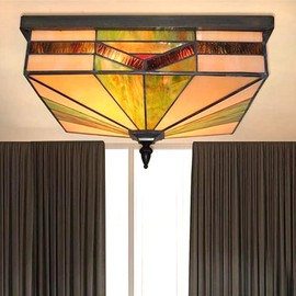 LDDBEN Tiffany Flush Mount Ceiling Light Stained Glass Ceiling Light for Bedroom,Living Room, Entryway,Foyer (Art Deco, 16")