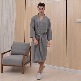 Men Kimono Robe Yukata Dressing Gown Men Bathrobe Cotton Sleepwear Loose Nightdress Lightweight Pajamas Comfy Spa Swimming Bath Robe Wrap Home Casual Wear with Pocket Adjustable Waistband