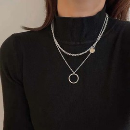 Cimenexe Bohemian Layered Circle Choker Necklace Silver Hollow Hoop Pendant Necklace Disc Paper Clip Link Chain Necklace Round Metal Coin Necklace Jewellery for Women, Zinc, No Gemstone