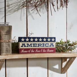 VHC Brands Patriotic AMERICA Home Of The Free And The Brave w/Stars On Blue Stripe MDF Sign 3.5x9, Independence Day Decor, Decorative Sign, Rustic Farmhouse Fourth of July Decorations
