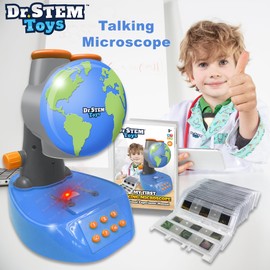 Dr. STEM Toys - Talking Microscope for Kids with Twenty Slides Containing Sixty Specimens, Over 120 Quiz Facts, Adjustable Focus, and Light-Up Platform