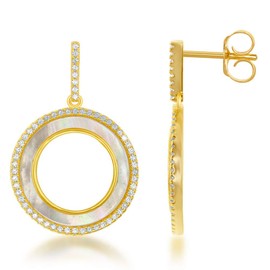 Sterling Silver Gold-Plated CZ & Mother of Pearl Circle Dangle Earrings