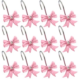 Lizbin Shower Curtain Hooks, 12PCS Decorative Shower Curtain Hooks, Shower Hooks for Shower Curtain, Pink Bow Knot Resin Curtain Hooks Curtain Rings Shower Rings for Bathroom