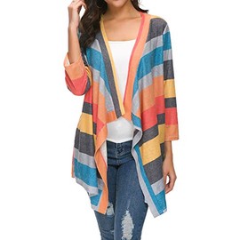 DEARCASE 3/4 Sleeve Open Front Draped Kimono Cardigan Sweaters for Women Striped Printed Orange Medium Lightweight Flowy Ladies Cover Up Shrug Thin Duster Summer Fall Shawl Cardigans Jackets