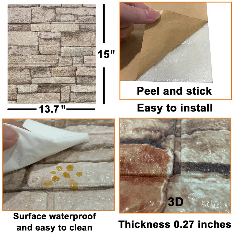 Yutianli 10PSC 3D Wall Panels Peel and Stick Faux Brick