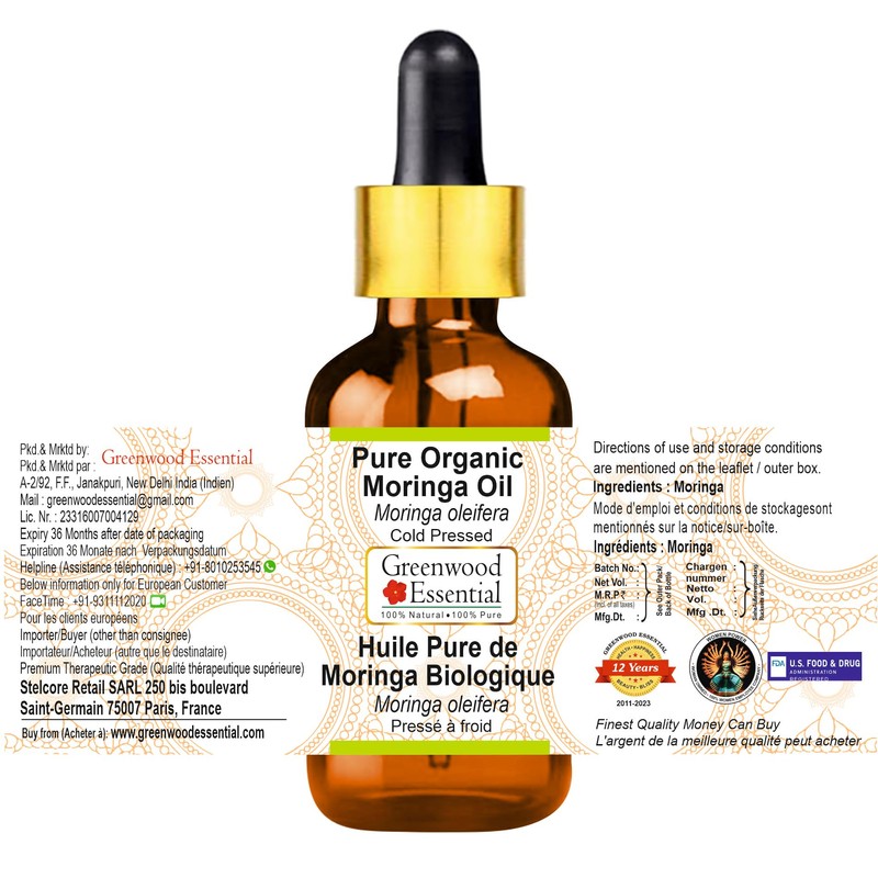 Greenwood essential Pure Organic Moringa Oil (Moringa oleifera) with Glass