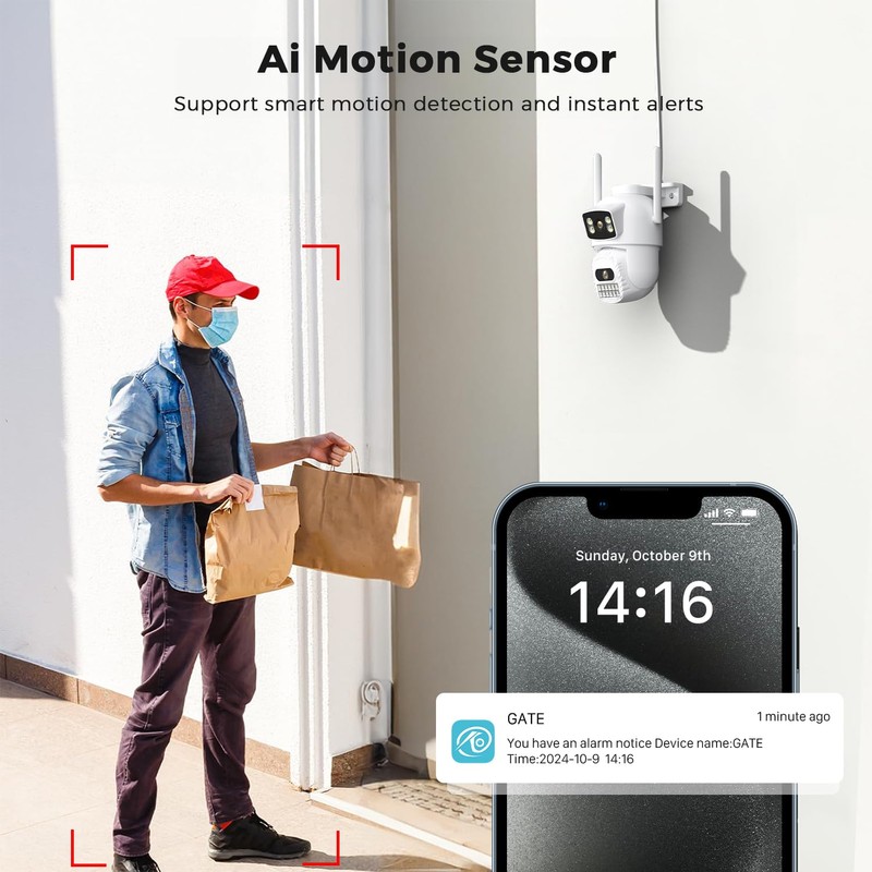4K 8MP Dual Lens Security Camera Outdoor, 2.4Ghz/5Ghz WiFi 360°PTZ
