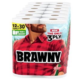 Brawny Tear-A-Square 3-Ply Paper Towels, 12 XL Family Rolls = 30 Regular Rolls, Strong, Absorbent, and Durable with 3 Sheet Sizes (Quarter, Half, Full)