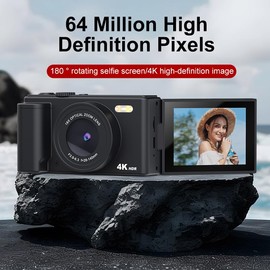 Digital Camera 1080P FHD 64MP with 2.8" 180° Flip Screen,18X Digital Zoom, Compact Portable Vlogging Camera with 64gb SD Card and Type-C OTG Adapter for Kids Teen Students Beginner (Black)