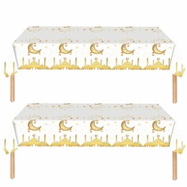 2Pcs 137*274cm Eid Ramadan Mubarak Disposable White gold Tablecloth Decorations for Eid Mubarak Party Table Cloth Covers Dining Tablecover for Indoor or Outdoor Party Eid Ramadan decoration