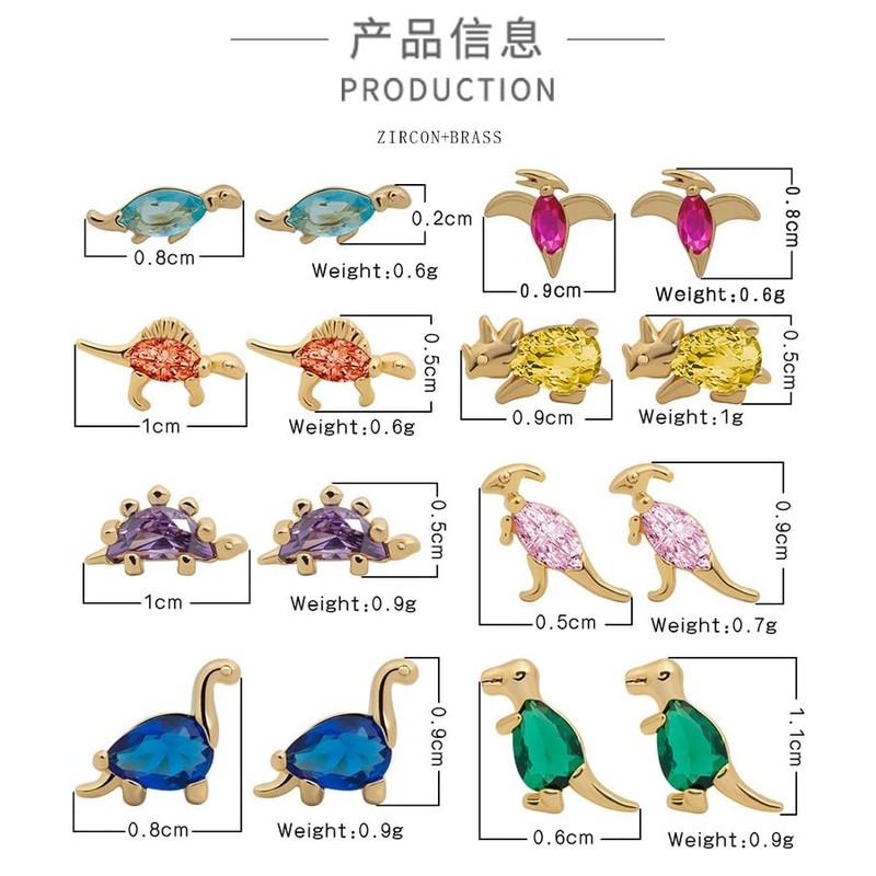 Cute Dinosaur Stud Earrings colorful Cubic Zirconia Tiny Animal Earrings
