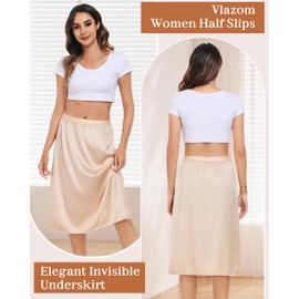 Vlazom Women's Satin Underskirt Short Petticoat Knee-Length Invisible Dress Skirt with Lace Half Skirt for Women, Nude, Beige, L