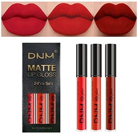 DNM 3Pcs Dark Ruby Red Matte Liquid Lipstick Lip Stain Lipgloss sets for Women, 24 Hour Red Matte Lipstick Long Lasting Smudge Proof Lip Stick Packs Matte labiales rojos matte larga duracion 24 05