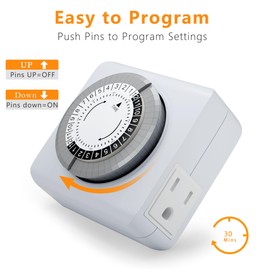 Indoor Mechanical Outlet Timer, 3 Prong Plug in Electrical Timers, Indoor Lights Timer with 2 Grounded Outlets for Aquariums, Grow Lights, ETL Listed