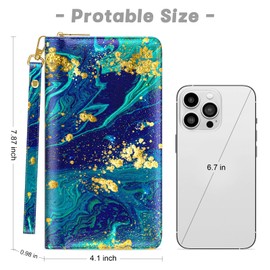 Womens Wallet, RFID Wristlet Wallets for Women, Cute Ladies Clutch Purses, Large Leather Travel Card Holder with Zipper and Phone Holder, Ocean Marble