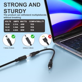 90W Dell AC Adapter Charger for Dell inspiron 7506 7706 7501 7590 7591 7790 7791 7700 7500 7300 7400 5500 5501 5400 5401 5490 3280 2n1 2 in 1 for Dell Latitude 7270 3520 3420 2n1 Laptop Charger