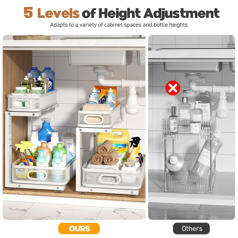 Biboraya 2 Pack Under Sink Organizer With Smooth Cylindrical Rail,2-Tier