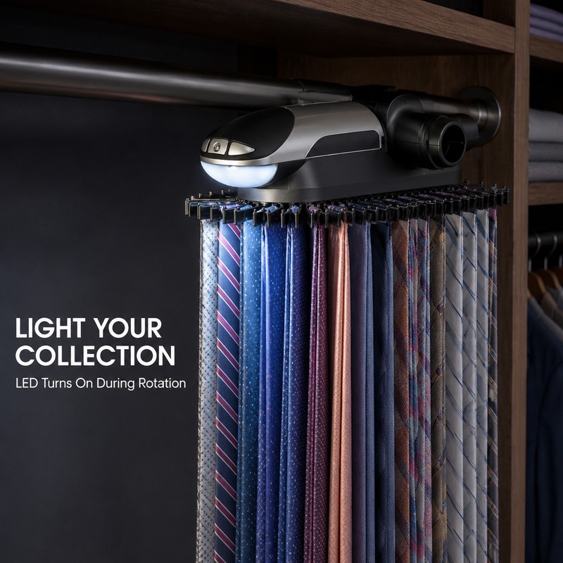 Motorized Tie & Belt Rack with LED Light, Holds 72