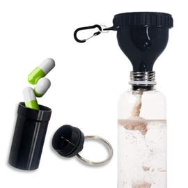 Protein Powder Container to Go Funnel with Aluminium Alloy Mini Pocket Pill Box and Carabiner Clip Supplement Funnel with Cap for Water Bottle Pre Workout Gym Mini Travel Funnels Shaker Cup