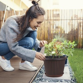 Myfeegoin Planter-Pots-for-Plants-Indoor-Outdoor, 3 Pack 10 Inch Plastic Flower Pots with Saucer & Drainage Holes, Modern Garden Planters for Planting Medium Large Plants，Decorative Resin Garden Pots