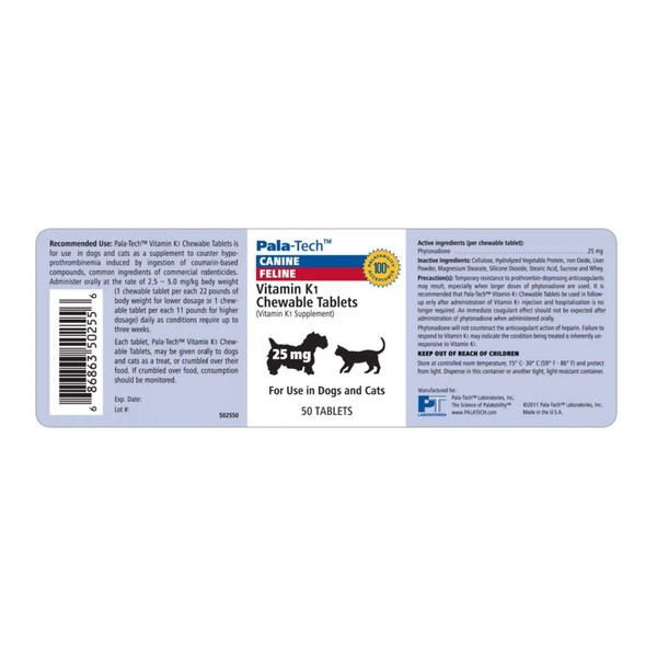 Pala-Tech Vitamin K1 Chewable Tablets for Dogs & Cats, 25 mg, 50 Tablets by Unknown