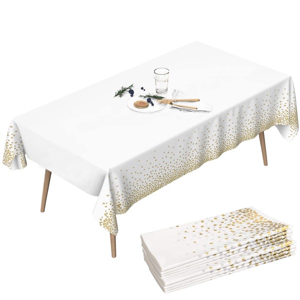 Newthinking 108x 54inch Disposable Party Table Cloth, 8 Pack Disposable Plastic Tablecover, Party Table Cloths for Picnic Wedding (Gold Dot On White, 54" x 108" (4Pack))